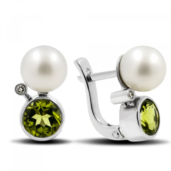 Pearl Earring With Olivine And Diamonds From White Gold