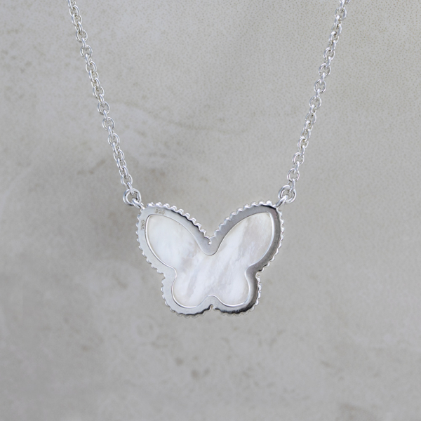 Silver Necklace CLOVER Butterfly With Mother-of-pearl