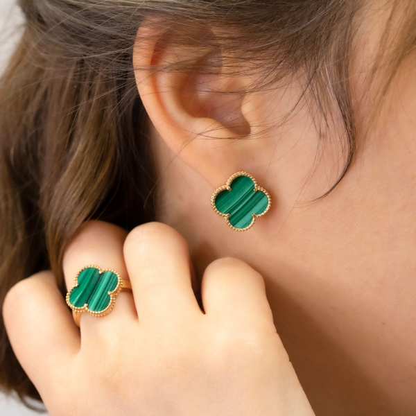 Gold Earrings Clover With Malachite