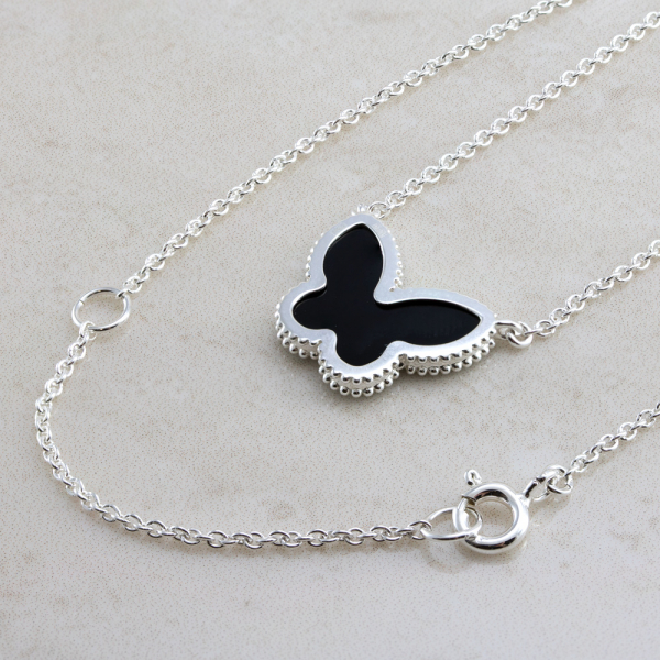 Silver Necklace CLOVER Butterfly With Onyx