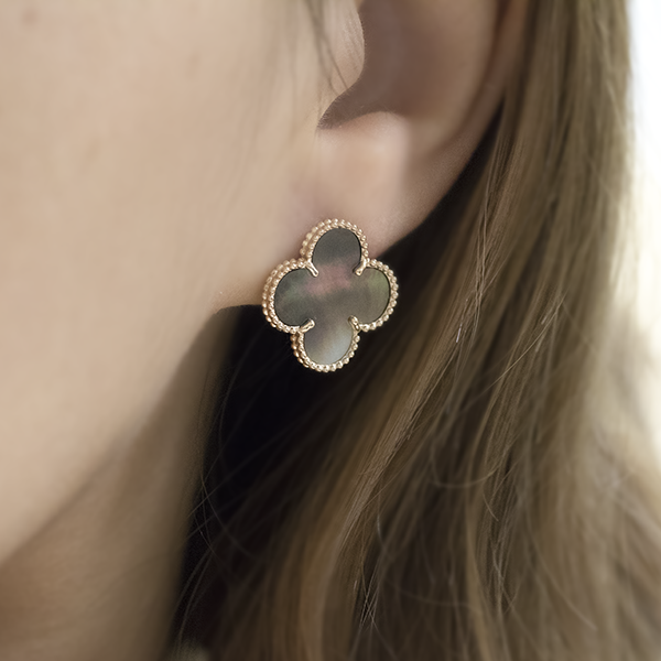 Gold Plated Earrings Clover With Black Mother-of-pearl