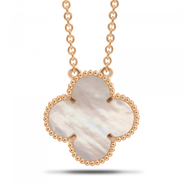 Gold Necklace Clover With White Mother-of-pearl