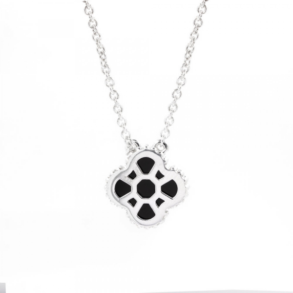 Silver Necklace Mini Clover With Onyx