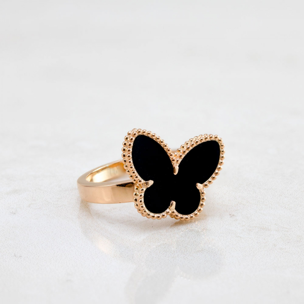 Gold Plated Ring Butterfly With Onyx